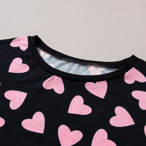 Black Valentine Heart Shape Print Long Sleeve Top Shorts Lounge Set - Picture 6 of 11